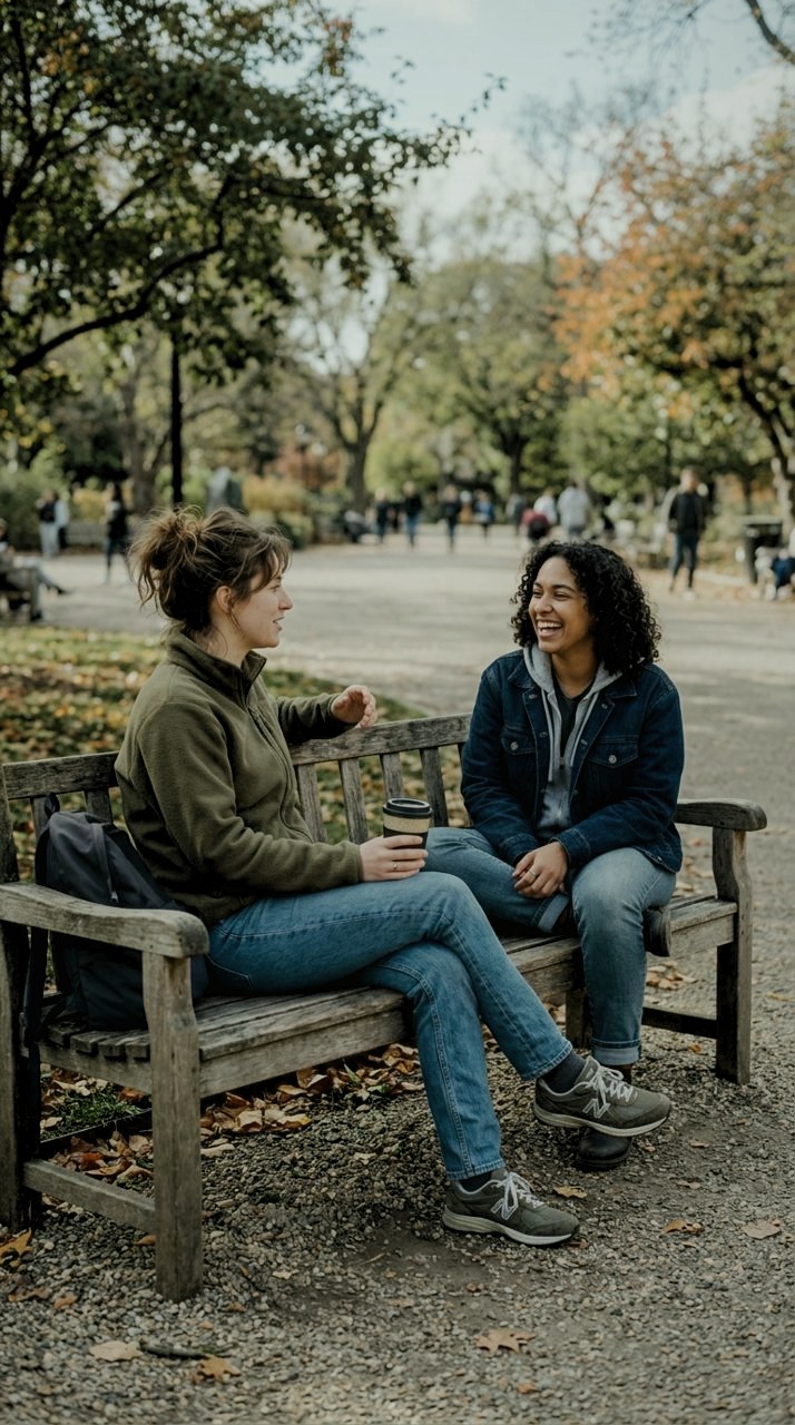 Graded with Palette Set: Friends on a bench, in olive: greens deepened toward yellow, aqua folded in, faces lifted off the dark.